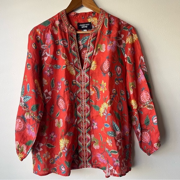 Johnny Was Coral Workshop Unlined Ramie Embroidered Tunic Long Sleeve Blouse